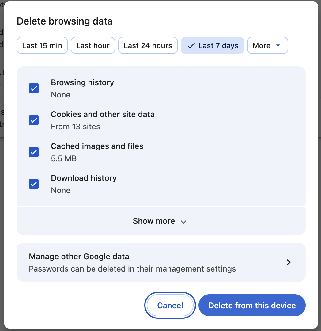 Google Chrome Delete Browsing Data window