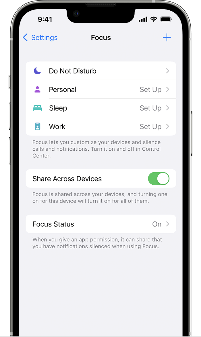 iPhone Focus settings showing Do Not Disturb options