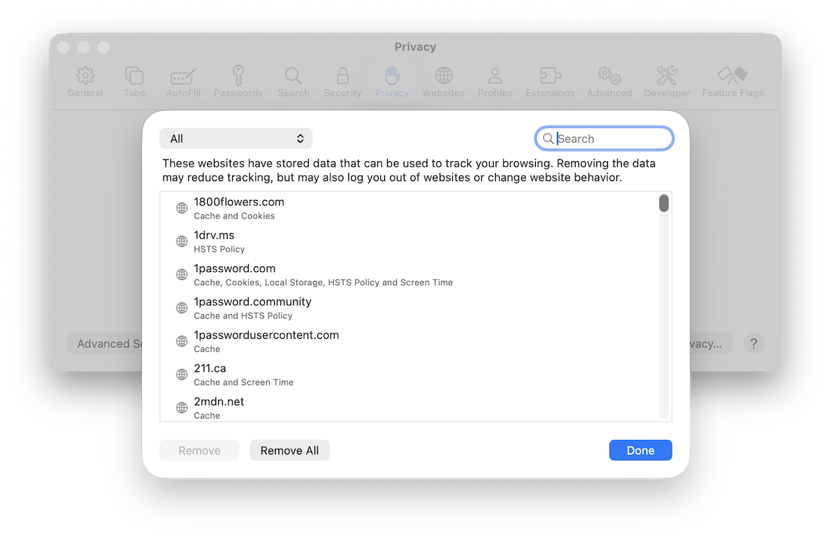 Safari Manage Website Data settings on a Mac