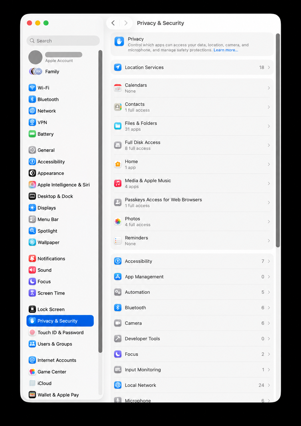 Mac Privacy and Security settings showing app permissions